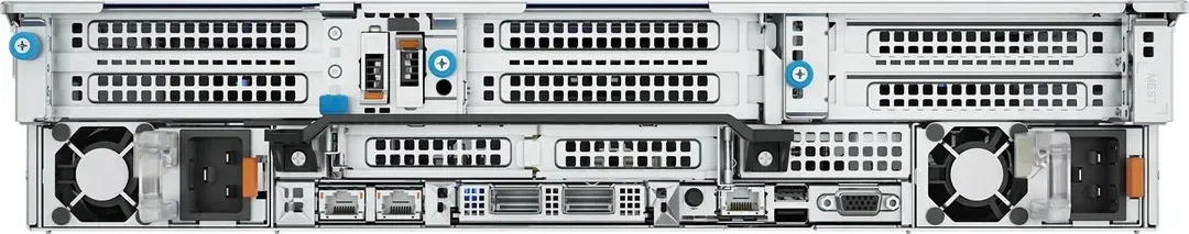 Dell PowerEdge R7615 mặt sau: 8 khe PCIe, BOSS-N1, 2 cổng 1GbE LOM, khe OCP 3.0, cổng iDRAC, USB, VGA và 2 bộ nguồn dự phòng