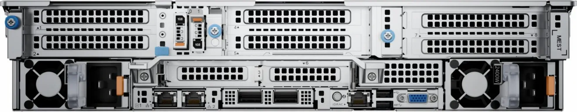 Dell PowerEdge R7625 mặt sau: 8 khe PCIe, BOSS-N1, 2 cổng 1GbE LOM, khe OCP 3.0, cổng iDRAC, USB, VGA và 2 bộ nguồn dự phòng
