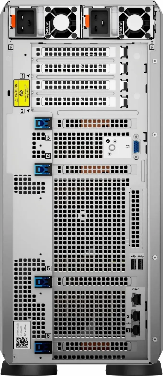 Dell PowerEdge T560 mặt sau: bộ nguồn kép thay nóng, khe cắm mở rộng PCIe, cổng iDRAC9, VGA, USB 2.0, USB 3.0