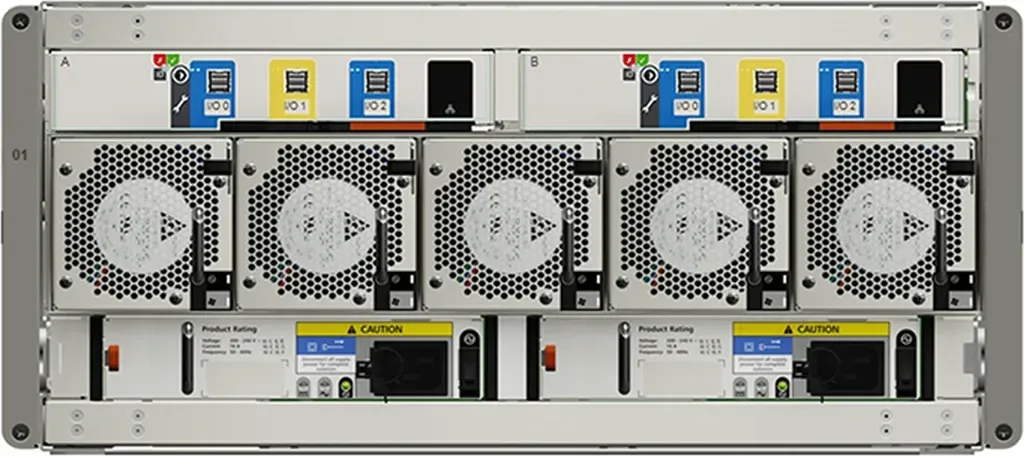 Dell PowerVault ME5284 mặt sau: 2 controller module, 5 quạt làm mát FCM, 2 bộ nguồn dự phòng kép