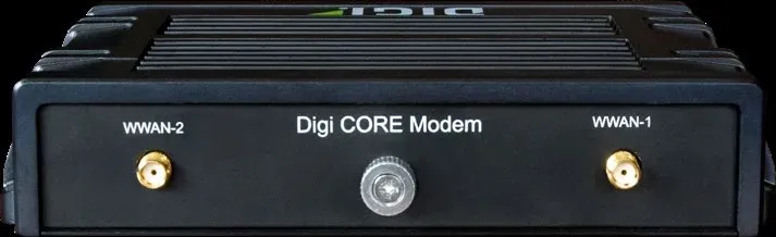Digi IX20W IX20-W0G4 mặt sau: 2 đầu anten LTE WWAN-1, WWAN-2 và nắp modem Digi CORE (ảnh chính hãng)