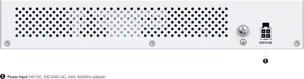Fortinet FS-110G-FPOE mặt sau với lưới thoáng nhiệt, ngõ cắm nguồn DC 54V/4.6A và vít tiếp địa (hình chính hãng)