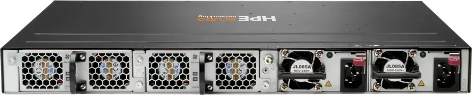 HPE JL658A mặt sau: 2 khay quạt tháo lắp nóng, 2 khe nguồn module hot-swap JL085A, điểm tiếp đất