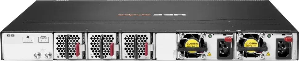 HPE S0E91A mặt sau: 3 khay quạt tháo lắp nóng JL714A, 2 khe nguồn module hot-swap, điểm tiếp đất
