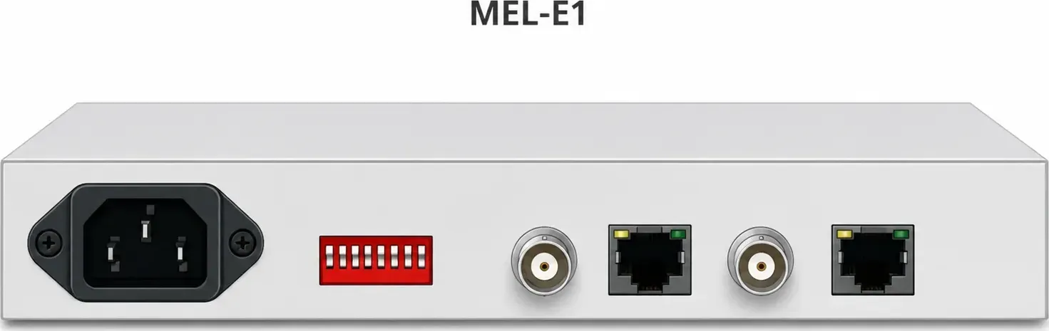 Hình vector Inmidas MEL-E1, mặt sau: nguồn AC220V, DIP, 2 cổng BNC E1, 1 RJ45 E1 120Ω, 1 RJ45 LAN