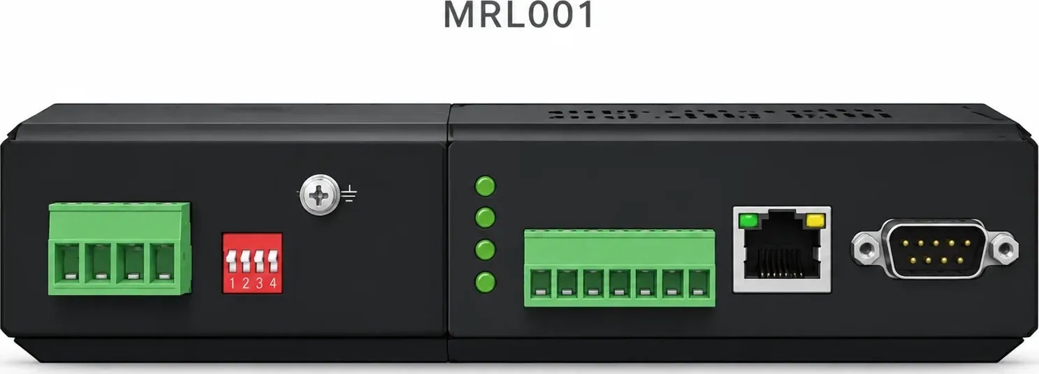 Hình vector Inmidas MRL001, nguồn DC kép, DIP, khối đấu RS-422/485, 1 RJ45 LAN, 1 DB9 RS232
