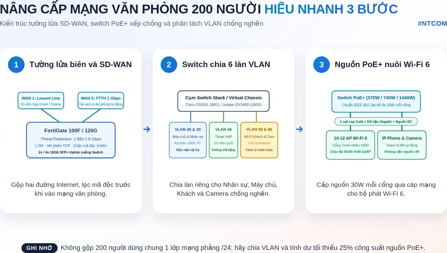 Hiểu nhanh 3 bước nâng cấp mạng văn phòng 200 người: tường lửa SD-WAN, switch chia 6 VLAN và nguồn PoE+ nuôi Wi-Fi 6