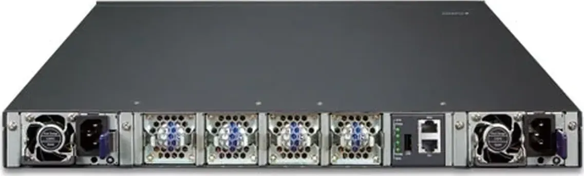 PLANET XGS-6350-48X2Q4C mặt sau: ngõ vào nguồn AC, khe nguồn dự phòng AC/DC và cụm quạt (hình chính hãng)