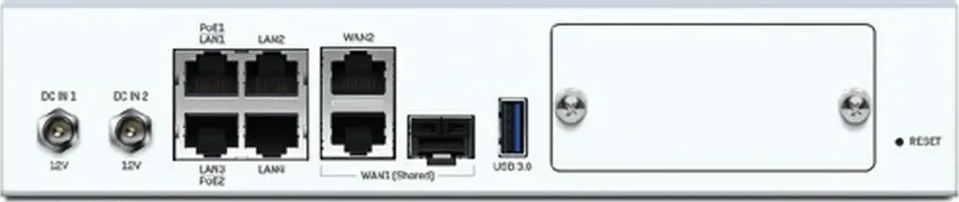 Sophos SD-RED 60 mặt sau: 4 cổng LAN GbE (2 PoE 30W), 2 cổng WAN GbE, 1 cổng SFP, USB 3.0, khe mở rộng modular bay, 2 nguồn DC