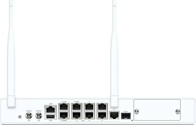 Sophos XGS 128w mặt sau: 9 cổng 2.5GE, 1 SFP, khe 5G, 2 anten Wi-Fi (hình chính hãng)